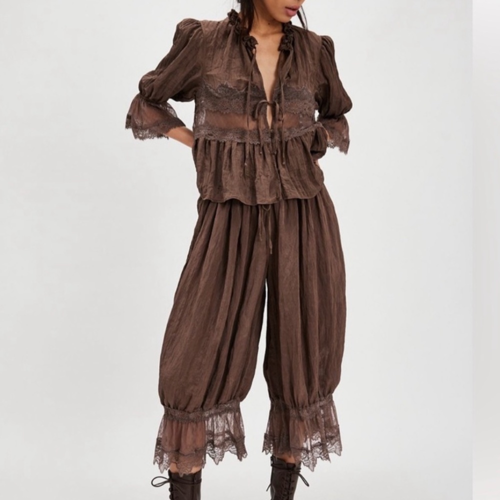 Free People Forever Young Bloomer Pants + Bed Jacket set BROWN/deep taupe
